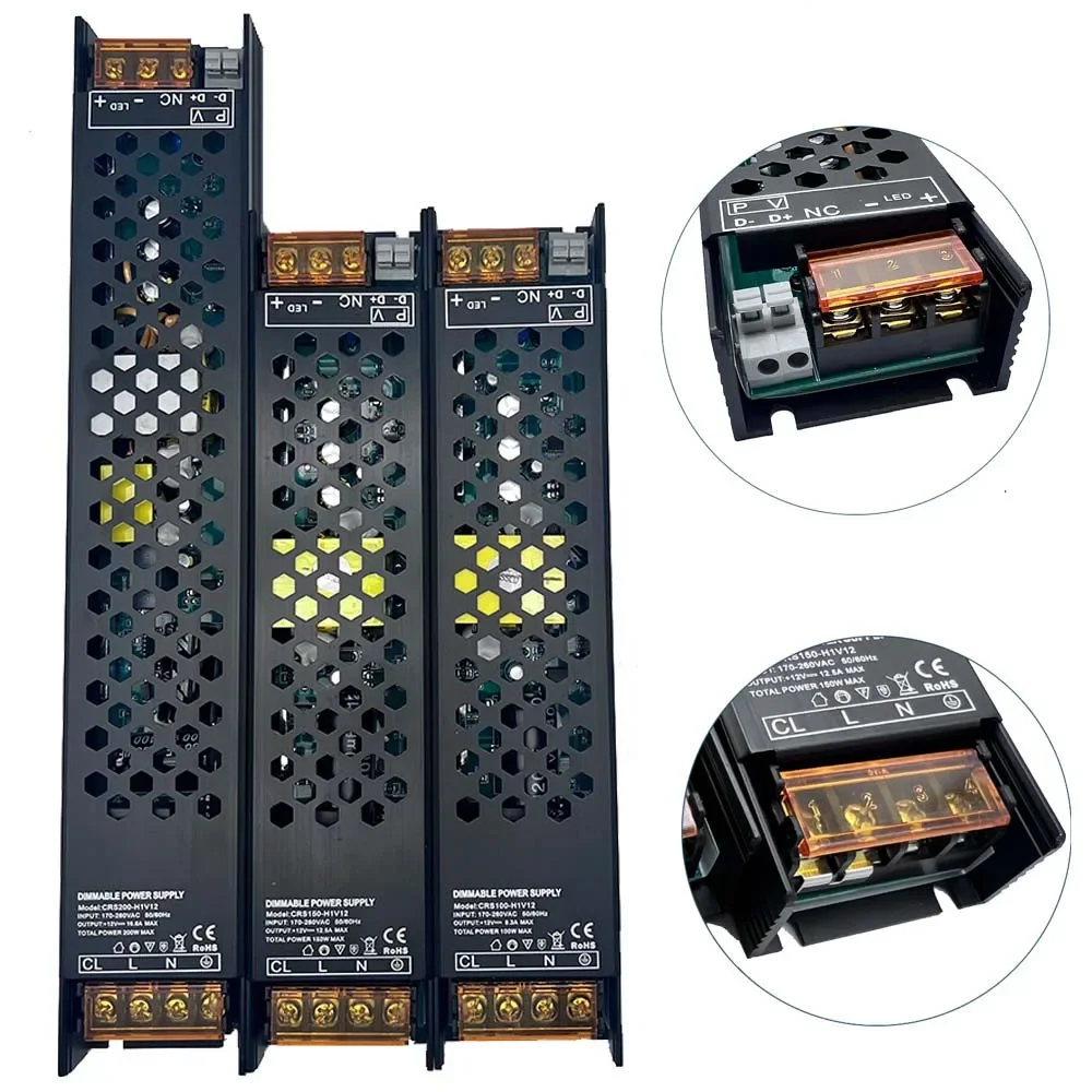 DC12V/24V 60W 100W 150W 200W 250W 300W Controlador LED regulable Triac de aluminio y fuente de alimentación de atenuación de 0-10V transformador de iluminación
