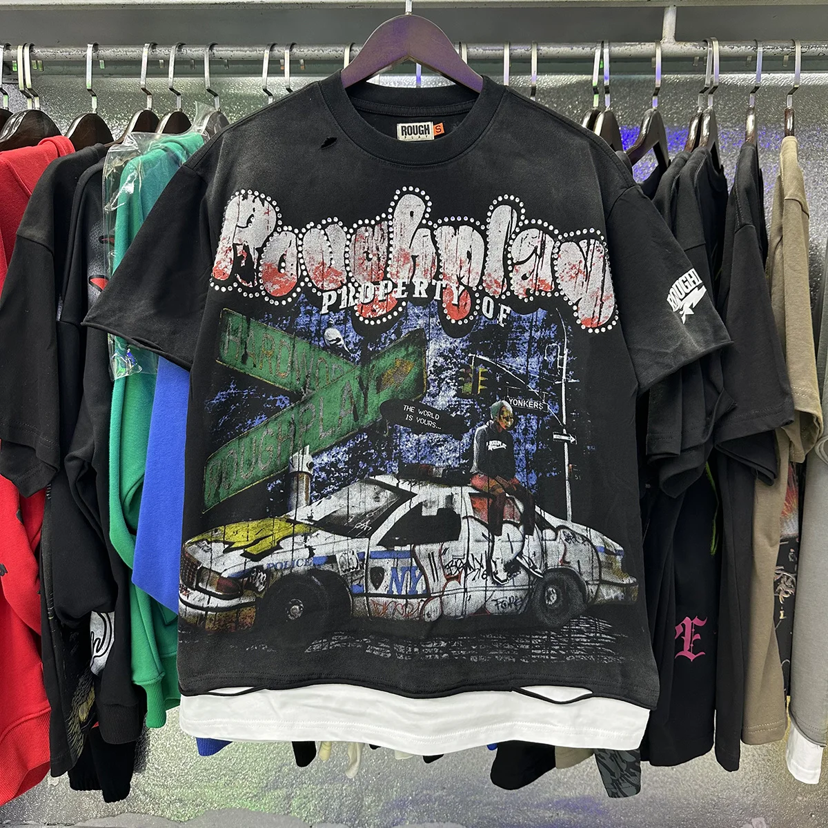 Nuevas Camisetas de Manga Corta de Algodón 100% con Diseño de Diamantes Brillantes y Estilo Americano RoughPlay para Hombre y Mujer, Cuello Redondo, Holgadas, de Verano, Tallas Grandes