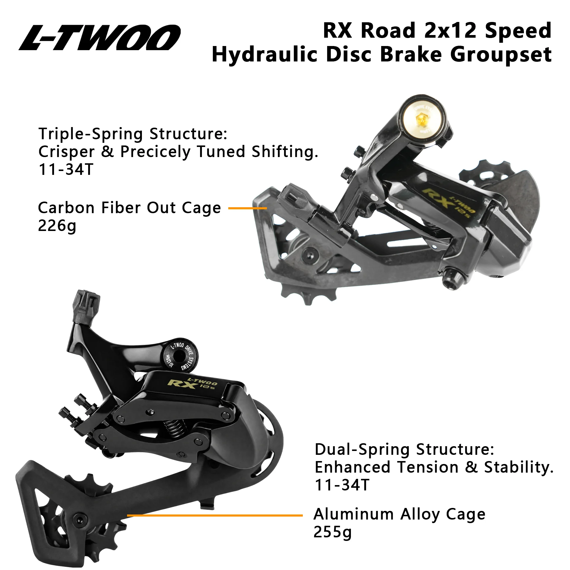 Grupo de Frenos de Disco Hidráulicos para Bicicleta de Carretera LTWOO RX Disc 2x12 Velocidades, Versión de Carbono y Aleación, Compatible con R7170 R8170