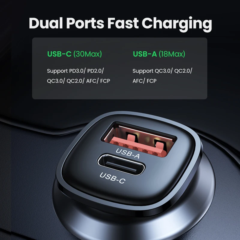 UGREEN-cargador de coche de 30W, dispositivo de carga rápida PD QC4.0 3,0 SCP tipo C, USB, para iPhone 14 13 12 Xiaomi