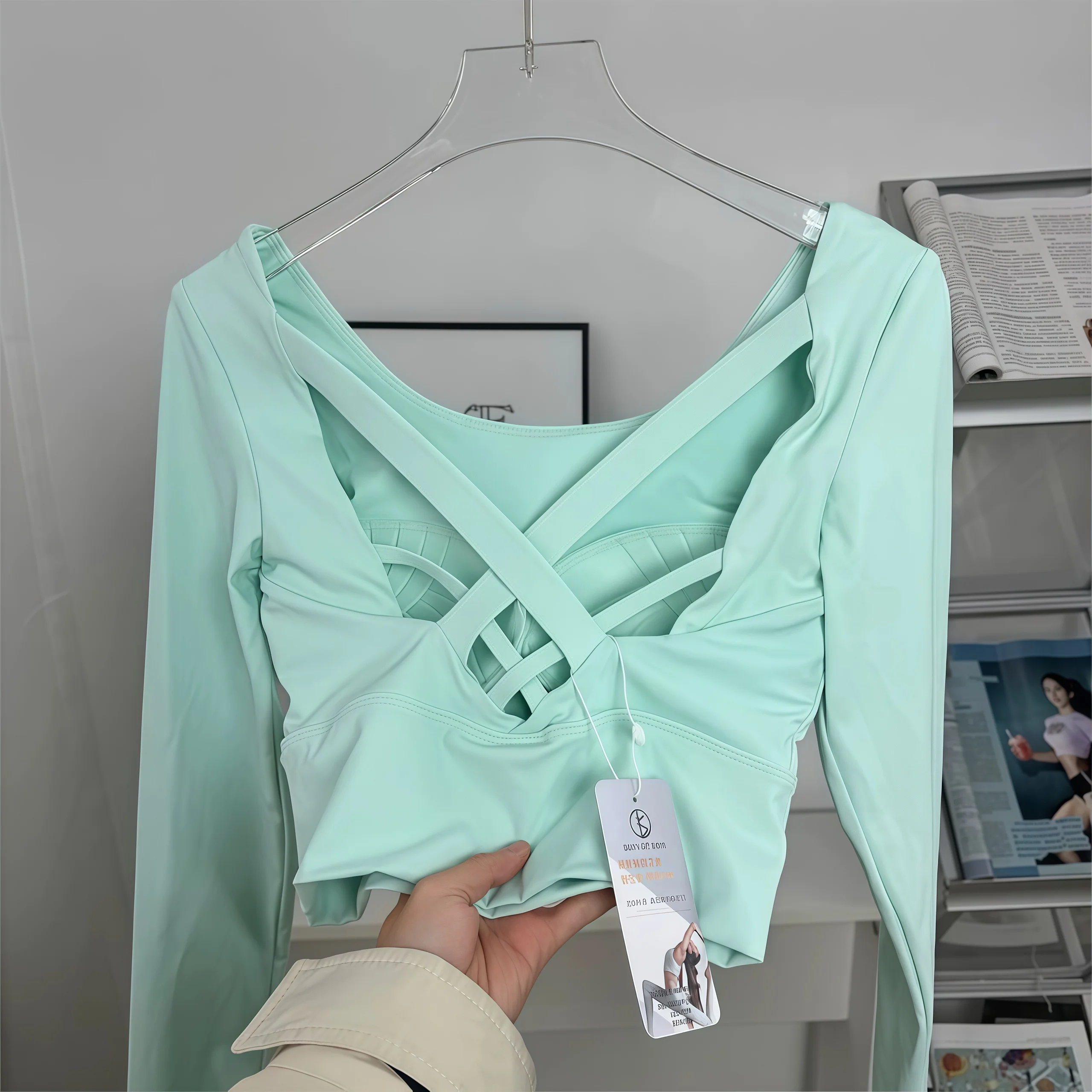 Ropa de yoga para mujer, sujetador fijo de manga larga, almohadilla, fitness, Pilates, correr, deportes, ropa de entrenamiento superior
