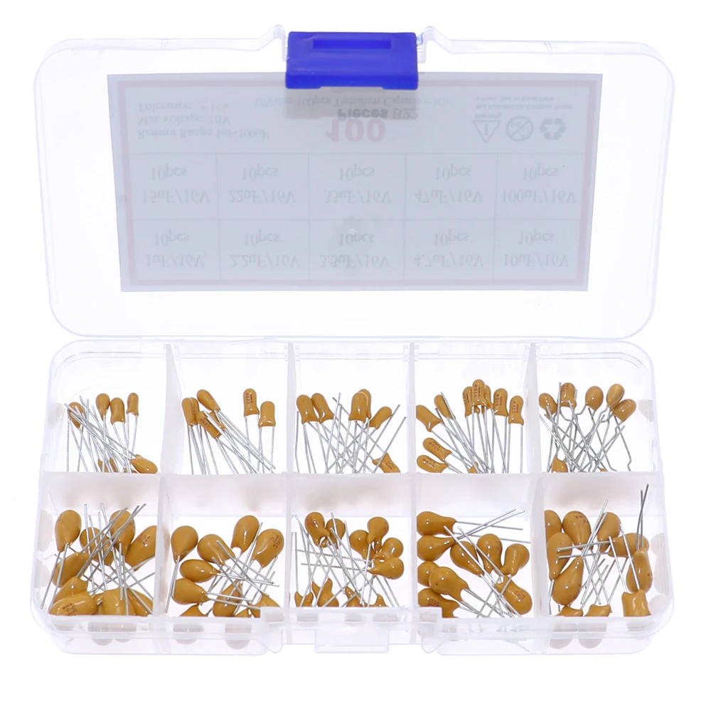 100 Uds 10 valores x 10 Uds 16V Kit surtido de condensadores de tantalio 1uF 2,2uF 3,3uF 4,7uF 10uF 15uF 22uF 33uF 47uF 100uF
