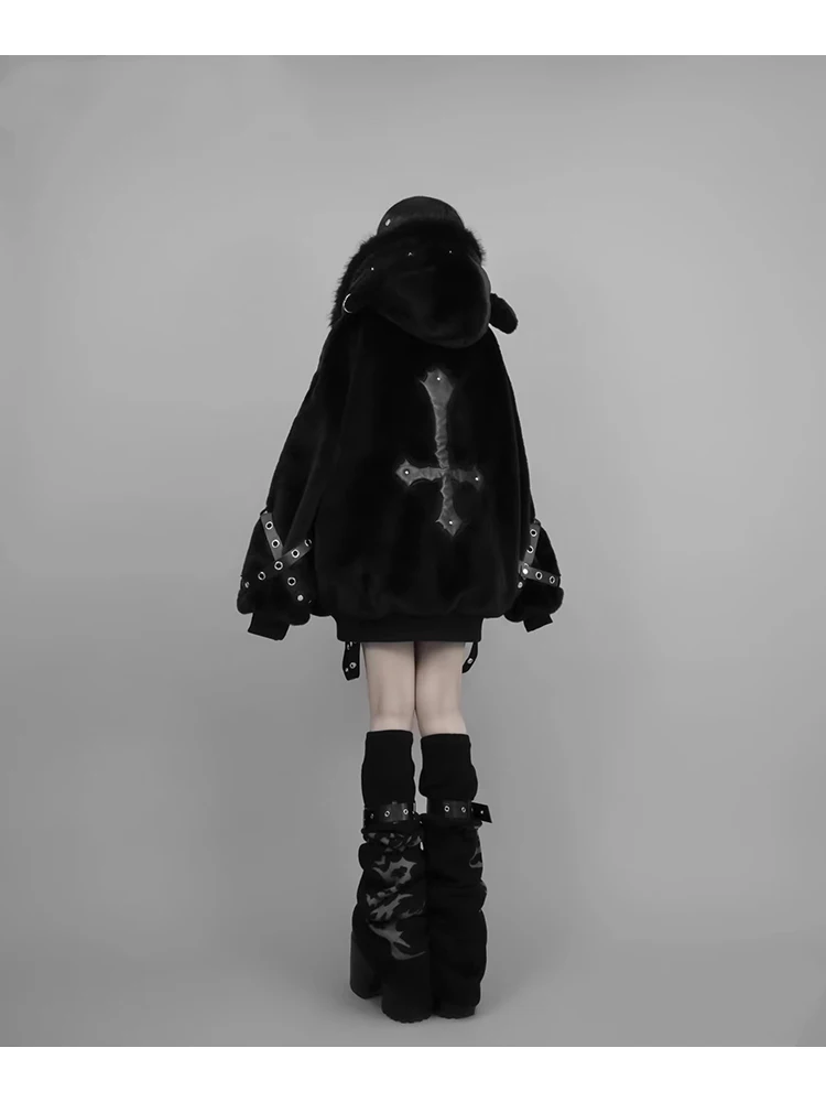 Mauroicardi Otoño Invierno de gran tamaño cálido suave blanco abrigo de piel sintética mujeres con capucha Harajuku moda chaqueta mullida ropa de calle 2025