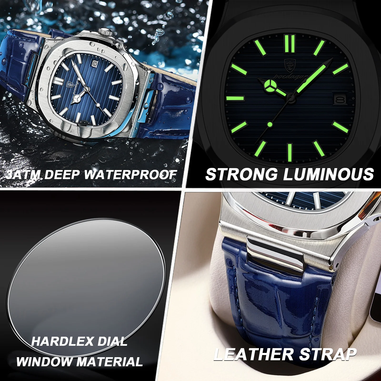 POEDAGAR, Reloj cuadrado de lujo para hombre, Reloj de pulsera luminoso resistente al agua con fecha para hombre, relojes de cuarzo de cuero de alta calidad para hombre + Reloj con caja