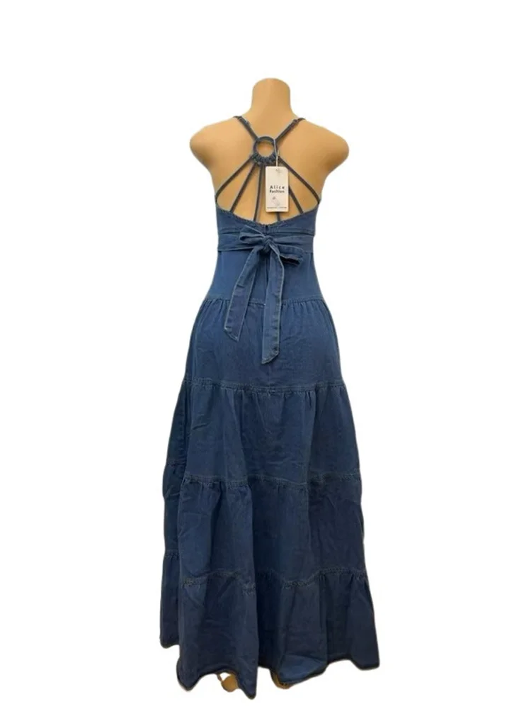 Wmstar vestidos vaqueros para mujer 2025 elegante nuevo dulce Sexy cuello en V profundo Halter vendaje cinturón vestido largo venta al por mayor Dropshipping
