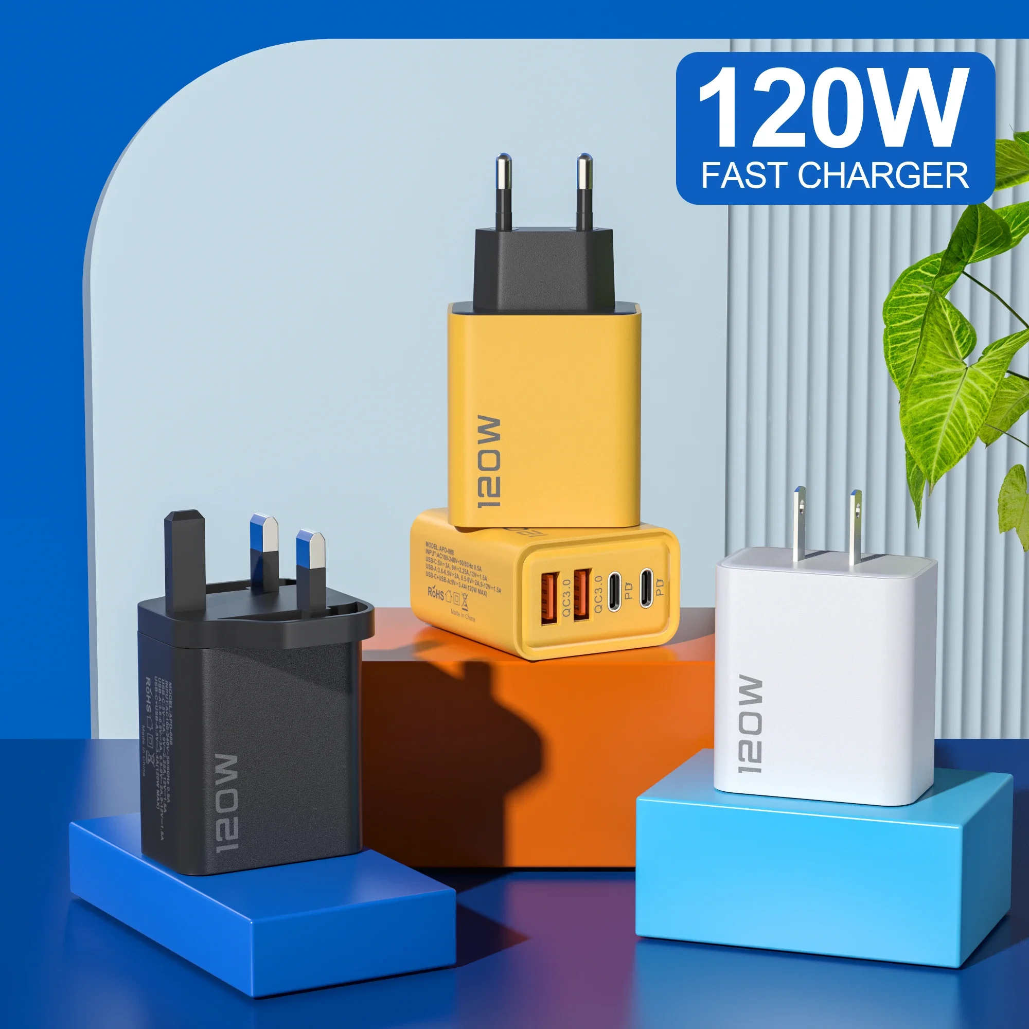 Cargador USB-C de 120W con 4 Puertos, Carga Rápida PD 3.0, Cargador de Teléfono Tipo-C, Adaptador de Carga Rápida para iPhone 17, 16, 15, Xiaomi, Samsung