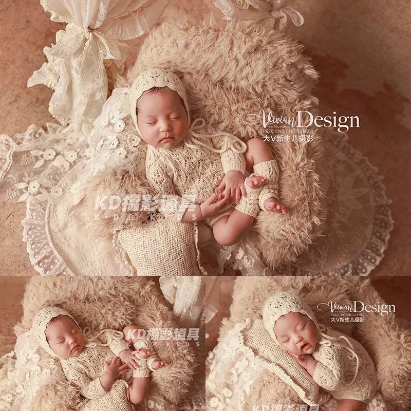 Traje de fotografía para recién nacido de estilo vintage, mono de punto para bebé, mameluco + sombrero + calcetines para sesión de fotos, bautizo, Baby Shower