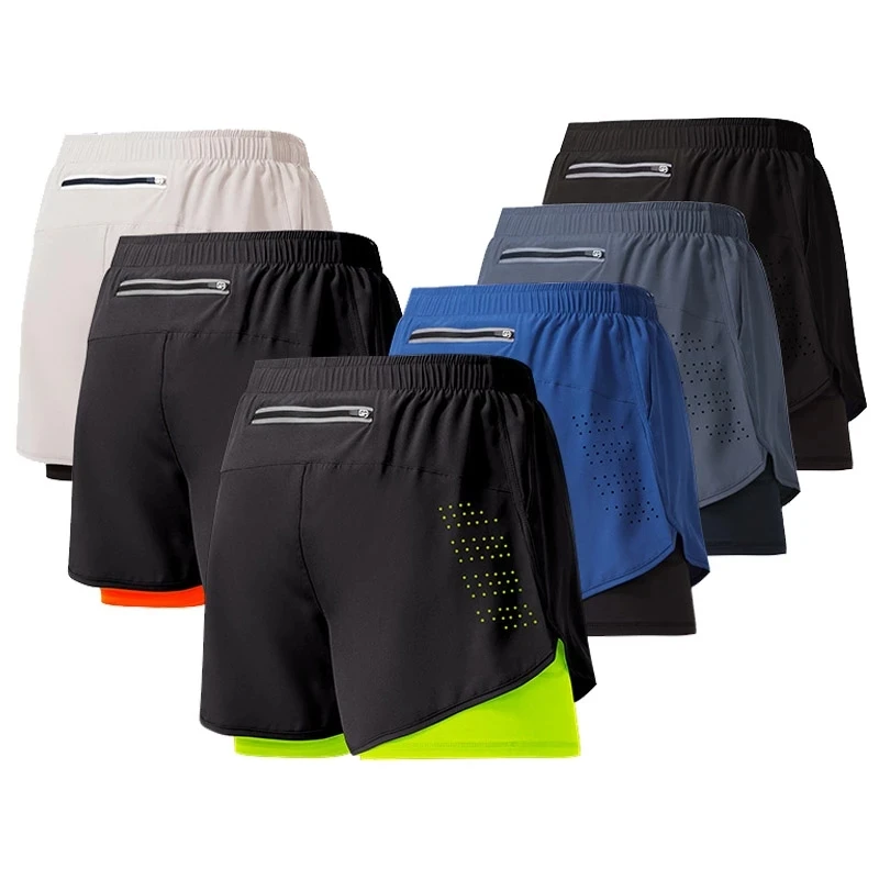Pantalones cortos para correr para hombre, pantalones cortos negros de doble capa para Fitness de secado rápido, nuevos pantalones cortos deportivos para entrenamiento y culturismo