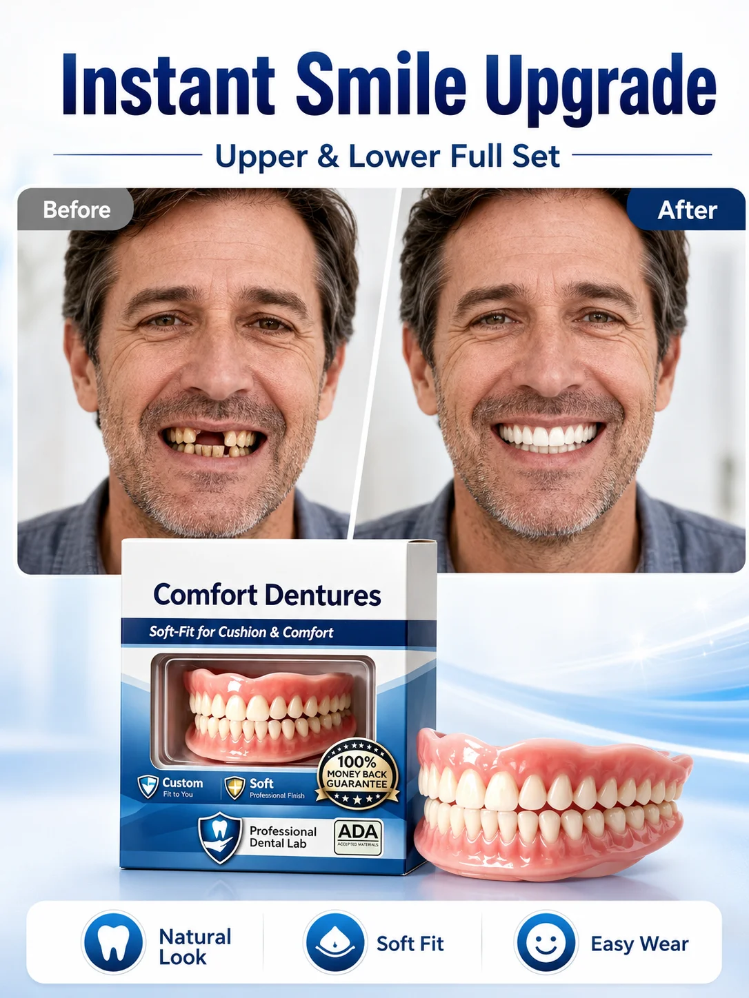 2026 Mejores Dentaduras Postizas de Silicona, Dentaduras Postizas Cómodas, Juego Completo, Naturales sobre las Encías, para Dientes Defectuosos, Removibles, Recupere la Confianza