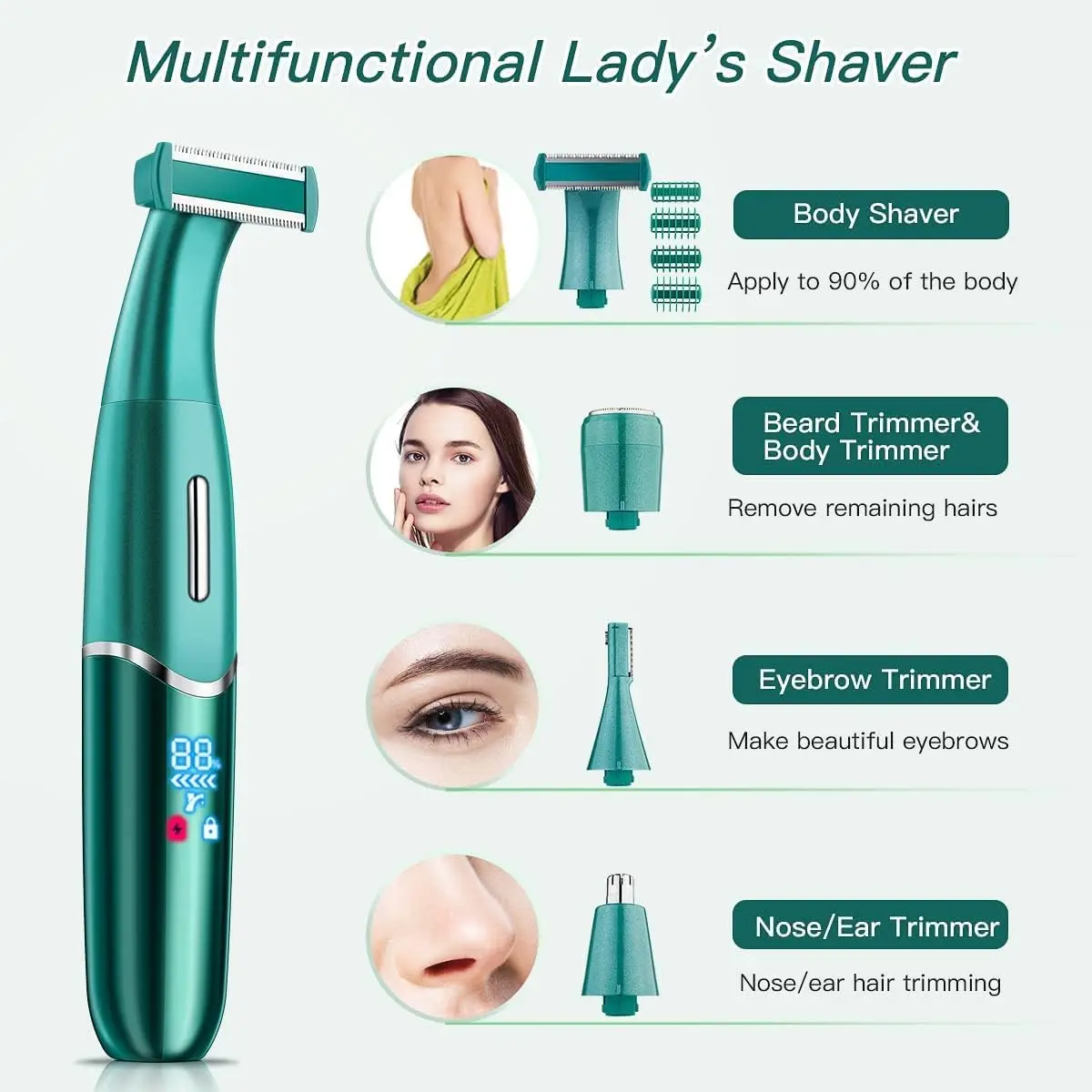 Maquinilla de afeitar eléctrica 4 en 1 para mujer, depilación para cejas, cara, nariz, piernas, axilas y línea de bikini, húmeda y seca