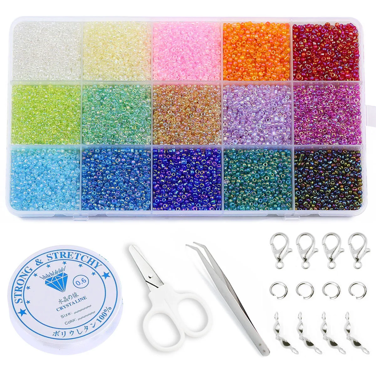 Kit multitamaño 11/0 2 3 4mm cuentas de vidrio transparente cuentas de semilla 15 colores espaciador cuentas de arroz sueltas para fabricación de joyería pulsera DIY