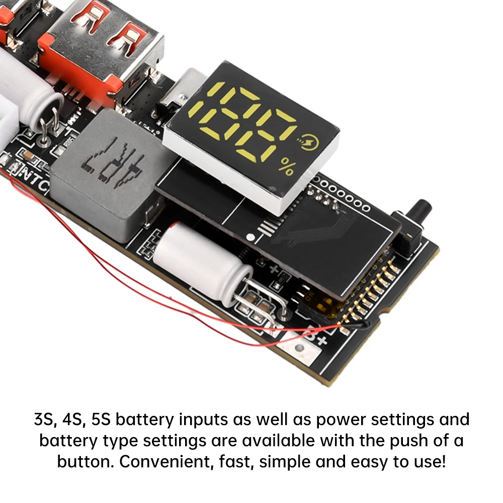 Placa Base de Carga Rápida 3S 4S 5S para Móviles, Módulo de Banco de Energía Bidireccional PD65W PD100W con Pantalla de Electricidad y Puertos USB+Type-C