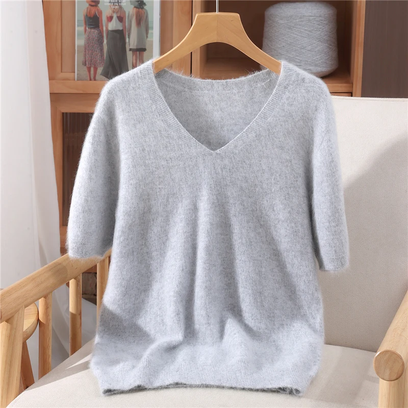 Suéter de punto de Cachemira de visón puro 100% de manga corta para mujer, nueva camiseta con cuello en V, Top informal, camisa básica de Color sólido