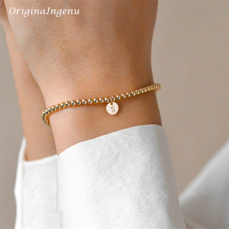 Pulsera de cuentas de oro hecha a mano, pulsera elástica llena de oro de 14 quilates, joyería con letras personalizadas, pulseras bohemias, joyería Bohemia Vintage para mujer