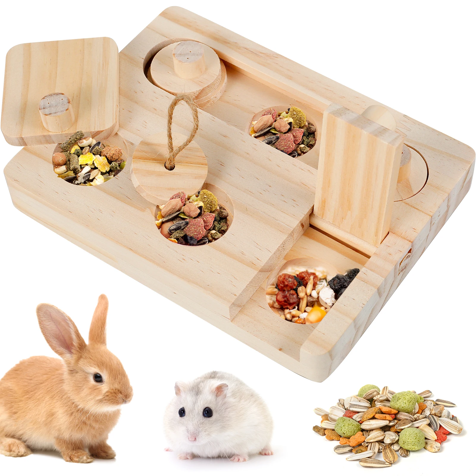 Juguetes de madera 6 en 1 para forrajeo de hámster, alimentador para mascotas pequeñas, rompecabezas interactivo, dispensador de golosinas, juguetes para conejillos de indias