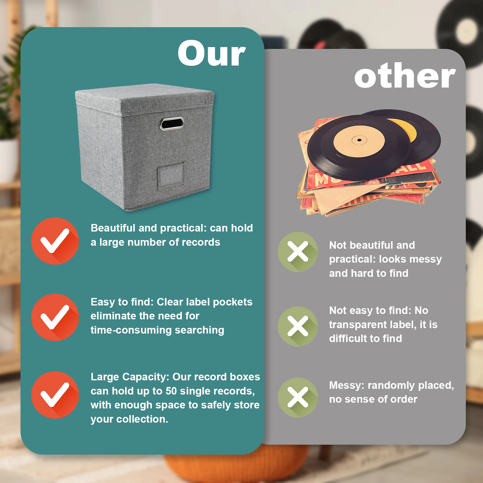 Organizador plegable de 13 pulgadas, caja de almacenamiento de discos de vinilo de gran capacidad con tapa, armario de casa de lino y algodón, organizador multifuncional