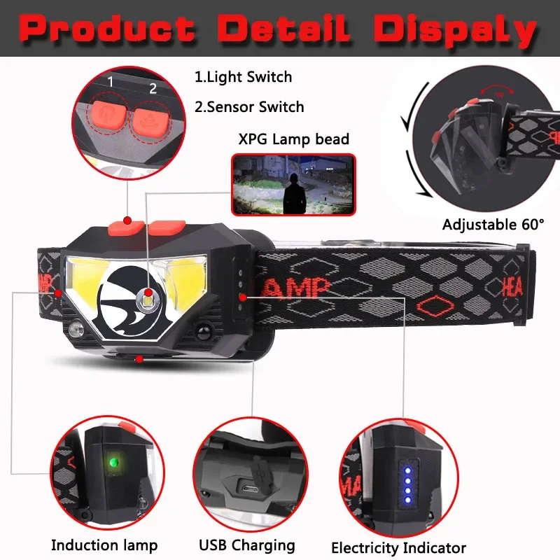 Potente linterna frontal con Sensor LED, linterna frontal recargable por USB, linterna frontal para búsqueda de acampada, linterna frontal para pesca