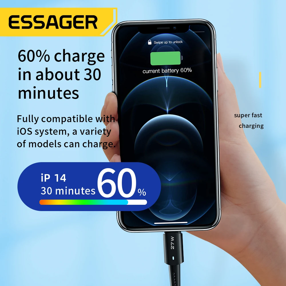 Cable USB C Essager para iPhone 14, 13, 12, 11 Pro Max, XS, Cable de carga rápida de 20W, Cable de datos tipo C para iPad y Macbook