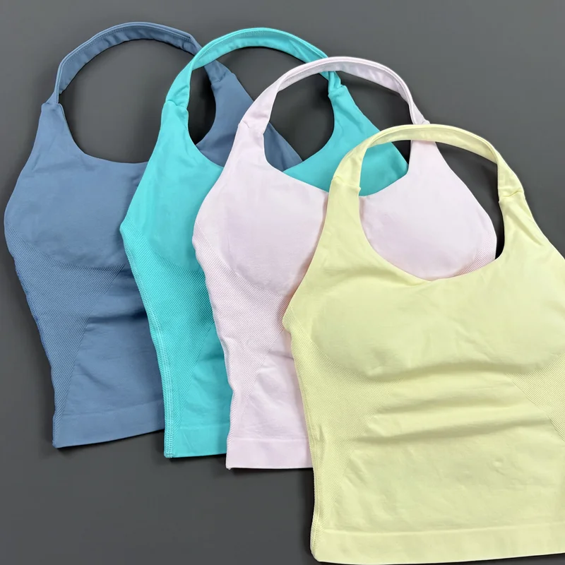 HISTELLO Top Halter Impact para Mujer, Ropa de Gimnasio, Top Deportivo Sin Costuras y Sin Espalda, Chaleco de Yoga, Top Sin Mangas para Correr, Fitness y Entrenamiento