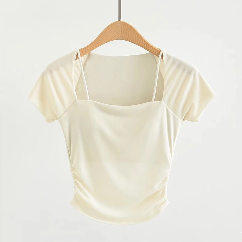Camisas de Yoga acolchadas para mujer, Top corto deportivo de manga corta, camiseta de entrenamiento para Fitness, medias recortadas sexis para correr, ropa de gimnasio