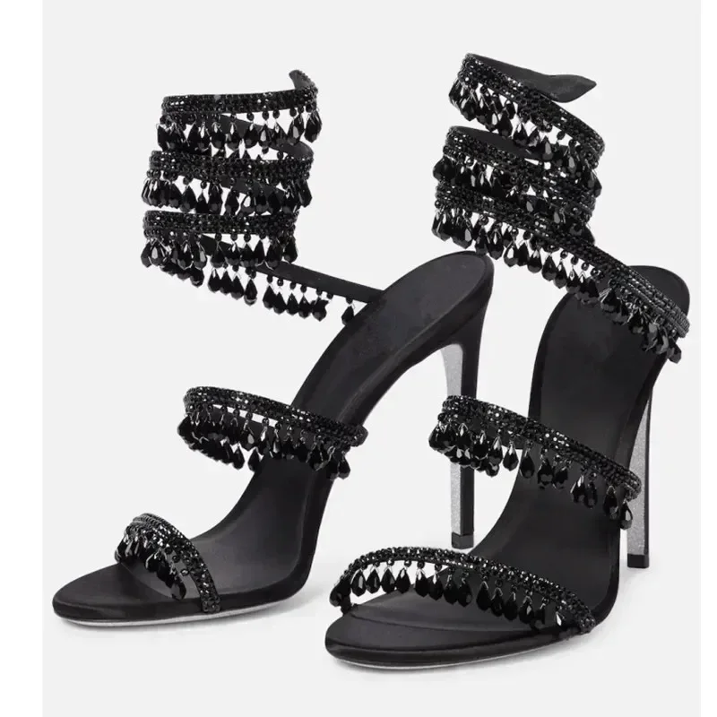 2025 nueva moda para mujer, zapatos con borlas de cristal, tacones altos de aguja sexis para fiesta y banquete, sandalias grandes para mujer, zapatos de baile