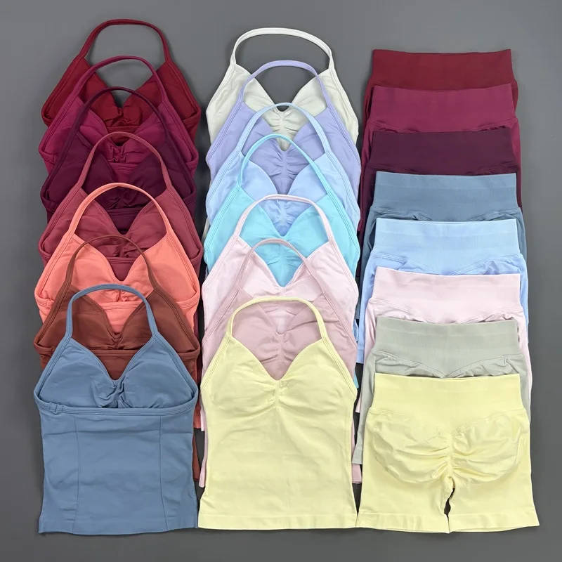 Conjunto Deportivo HISTELLO de 2 Piezas para Mujer, Top Largo con Tirantes, Conjunto de Yoga Sin Costuras, Shorts Deportivos con Efecto Push-Up, Traje de Fitness para Entrenamiento