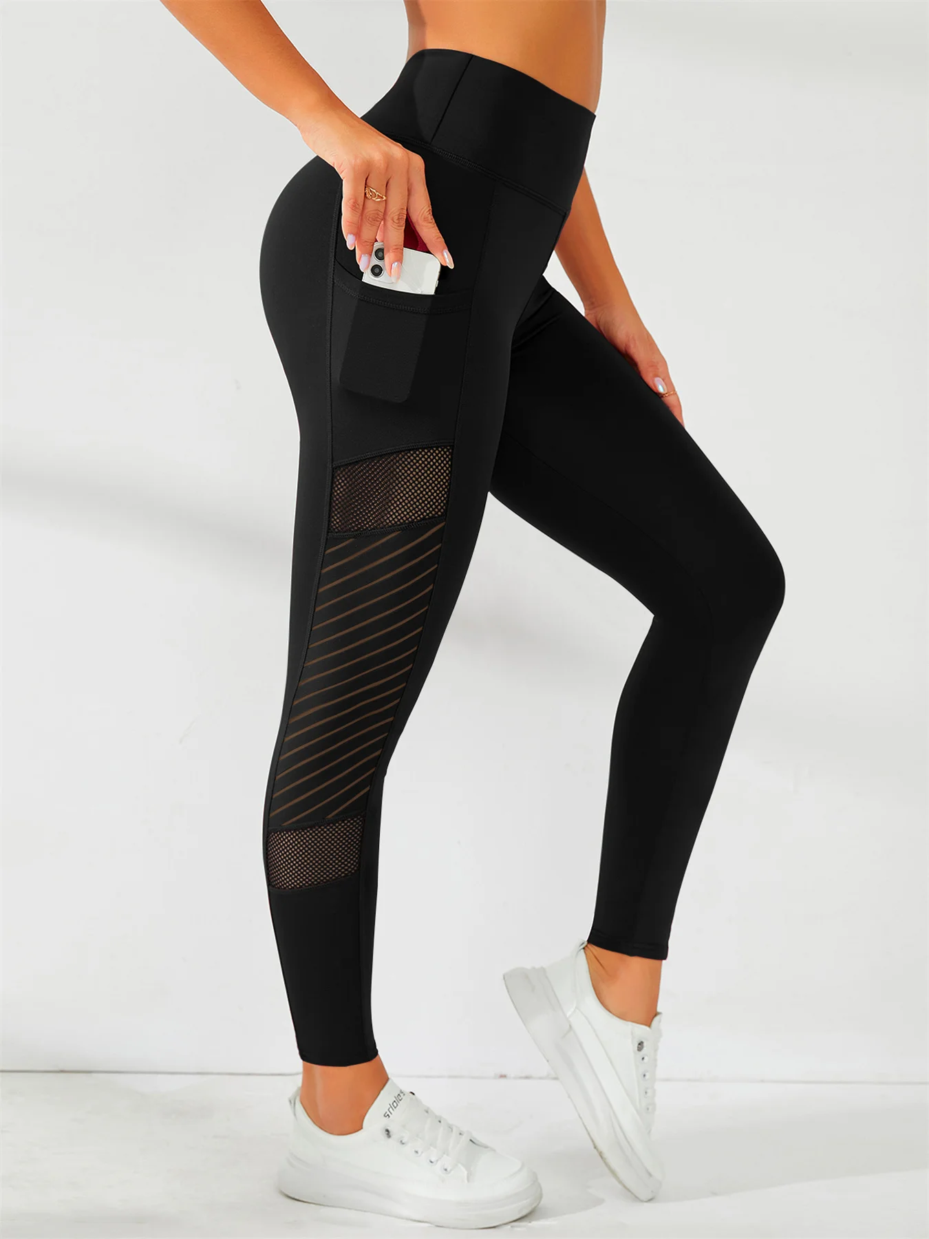 Pantalones de Yoga con empalme de malla lateral para mujer, mallas moldeadoras de Fitness de Color sólido, cómodas y elásticas, con bolsillos