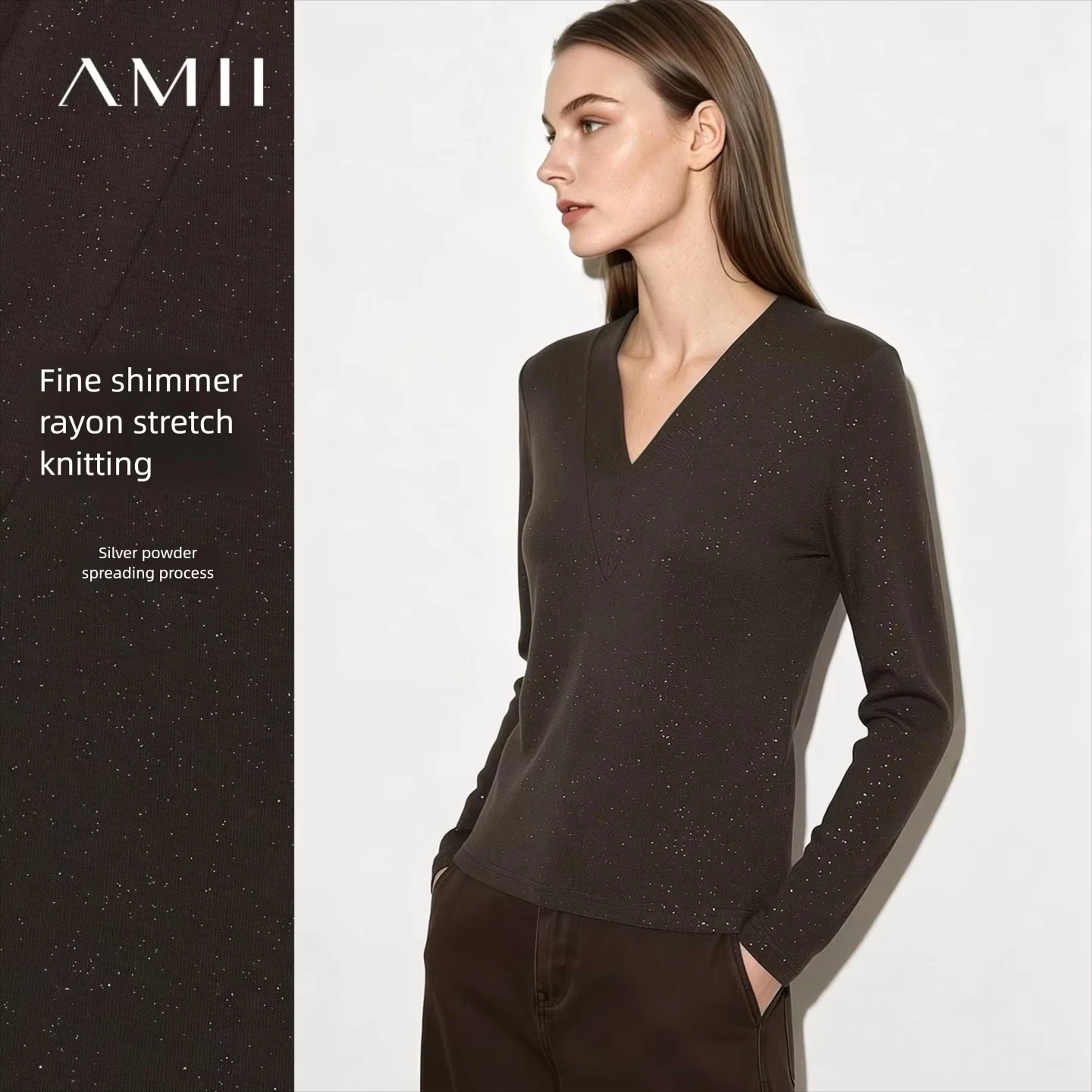 Camiseta Amii Slim de Manga Larga con Cuello en V, Elástica, de Color Sólido, para Mujer, Otoño 2026, Nueva, Versátil y Cómoda, 12613020