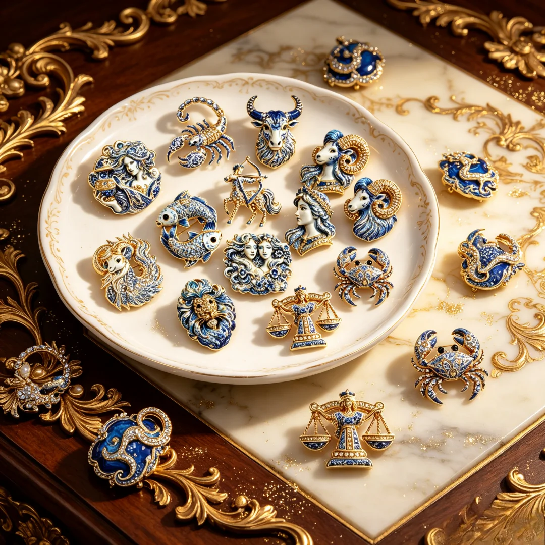 Broches de Lujo Barrocos con los 12 Signos del Zodiaco para Mujer, Unisex, Diseño de Porcelana Azul y Blanca, Broches de Animales para Fiesta o Uso Diario, Regalos
