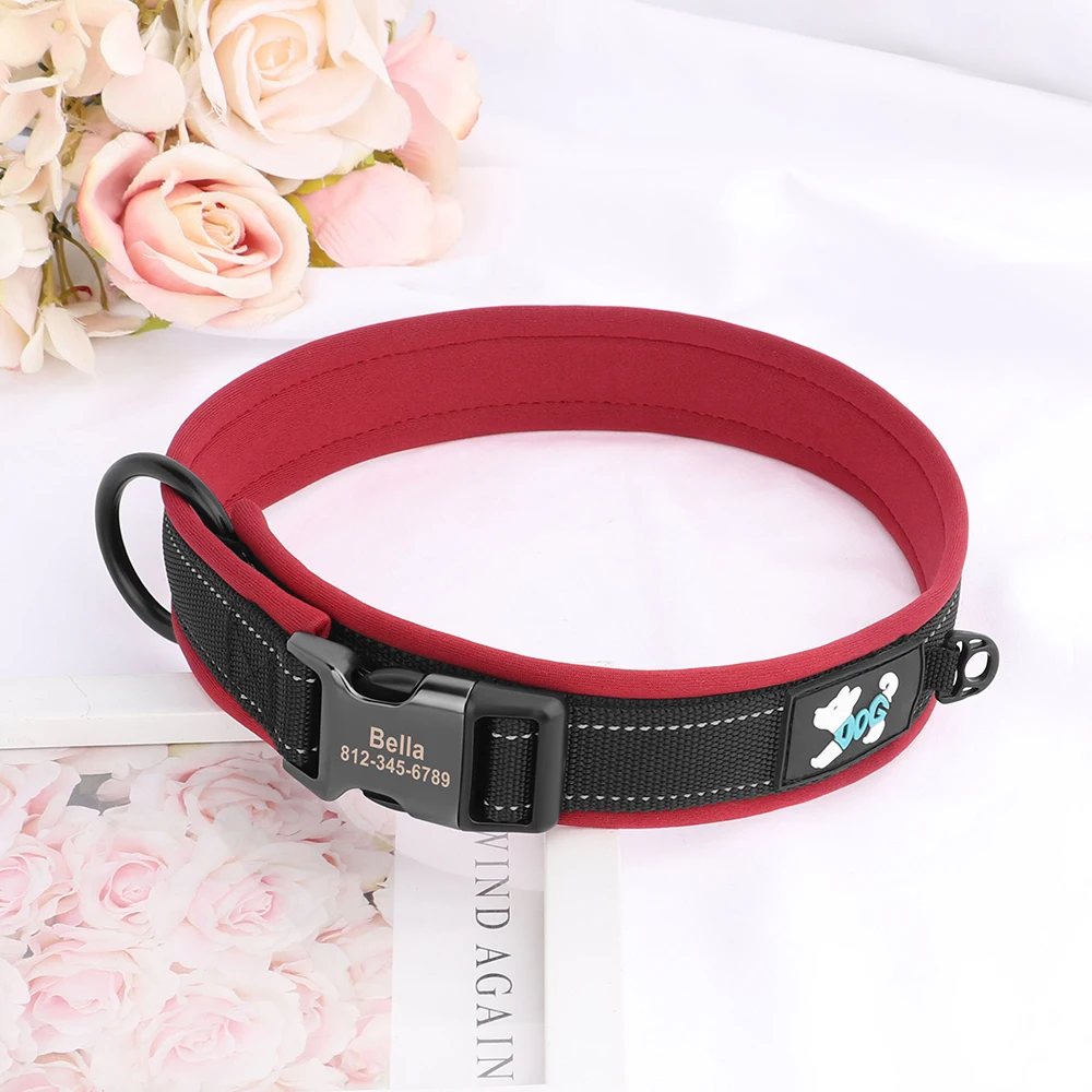 Collar reflectante con hebilla de identificación personalizada para perros pequeños, medianos y grandes, con grabado gratis, acolchado suave, ajustable
