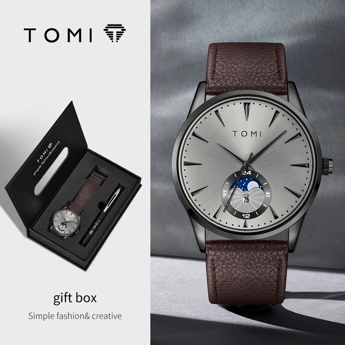 TOMI Set de Regalo de 2 Relojes para Hombre con Bolígrafo, Reloj de Cuarzo de Lujo con Calendario, Ideal para Regalo de Cumpleaños o Festivos