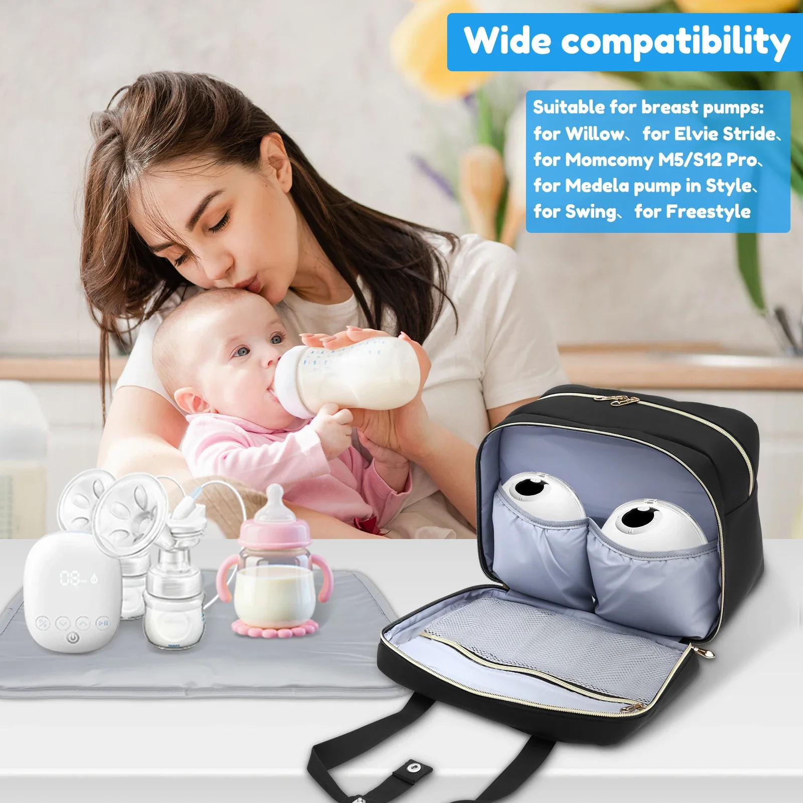 Bolsa de almacenamiento para extractor de leche con bolsa de hielo y estera impermeable, refrigerador portátil para leche materna, bolsa de viaje con aislamiento manos libres