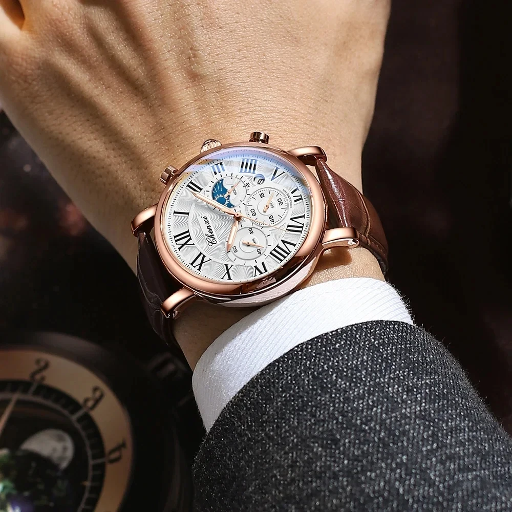 CHENXI 973 Reloj de cuarzo para hombre, moda de negocios, fase lunar, fecha, cronógrafo multifuncional, reloj de pulsera con correa de cuero
