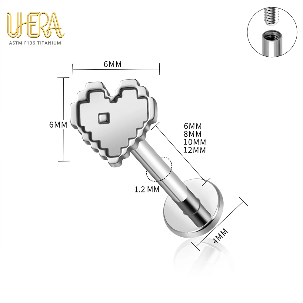 Piercing de Titanio ASTM F136 G23 con Diseño Gráfico Pixelado, Rosca Interna, para Tragus, Hélix, Cartílago, Oreja, Labio y Cuerpo