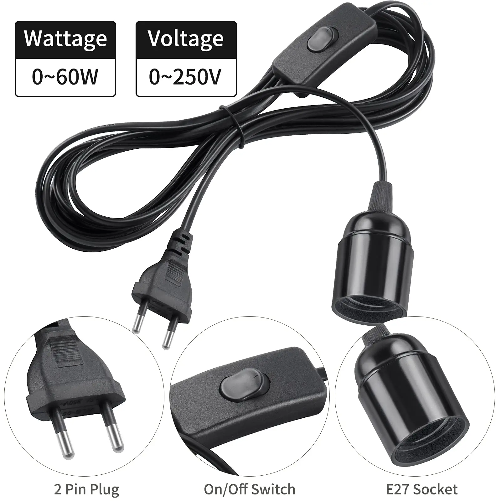 Enchufe europeo 3,5 m 6m Cables de cable de alimentación E27 soporte de Base de lámpara con cable de interruptor para bombillas Led colgantes enchufe de suspensión de lámpara colgante