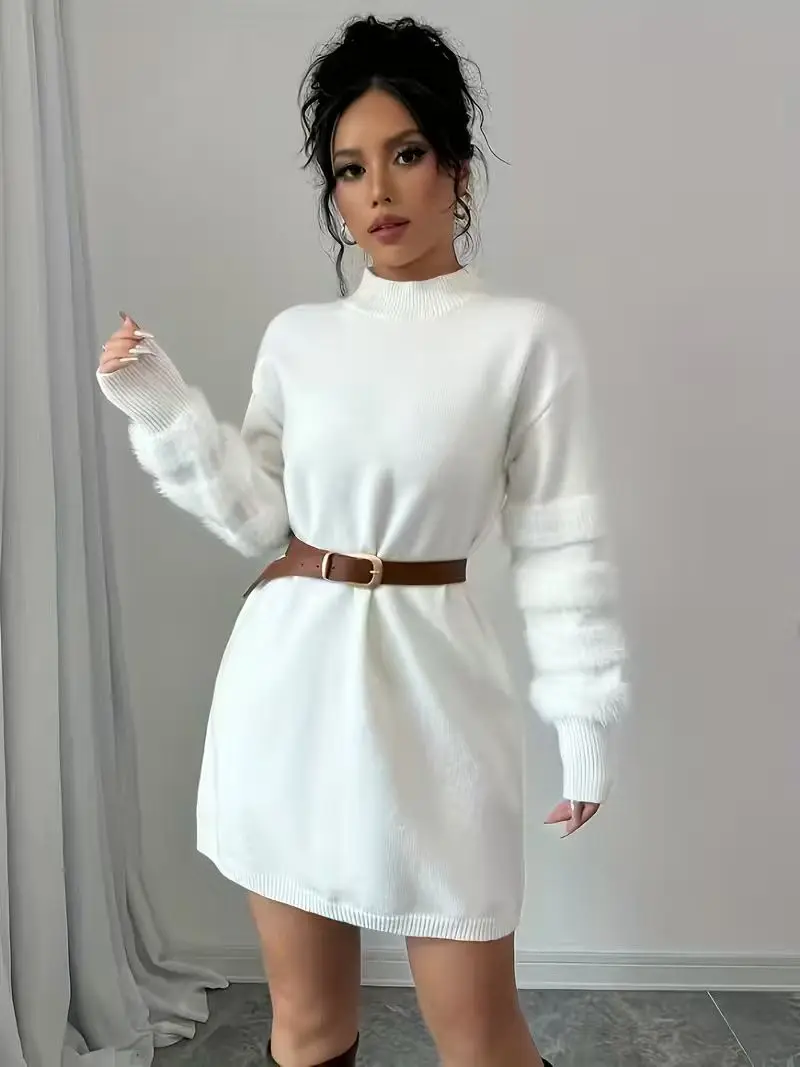 Vestido Casual de Punto para Mujer, Cuello Alto, Color Sólido, Corte Holgado, con Parches, Sin Cinturón, Ropa de Otoño/Invierno