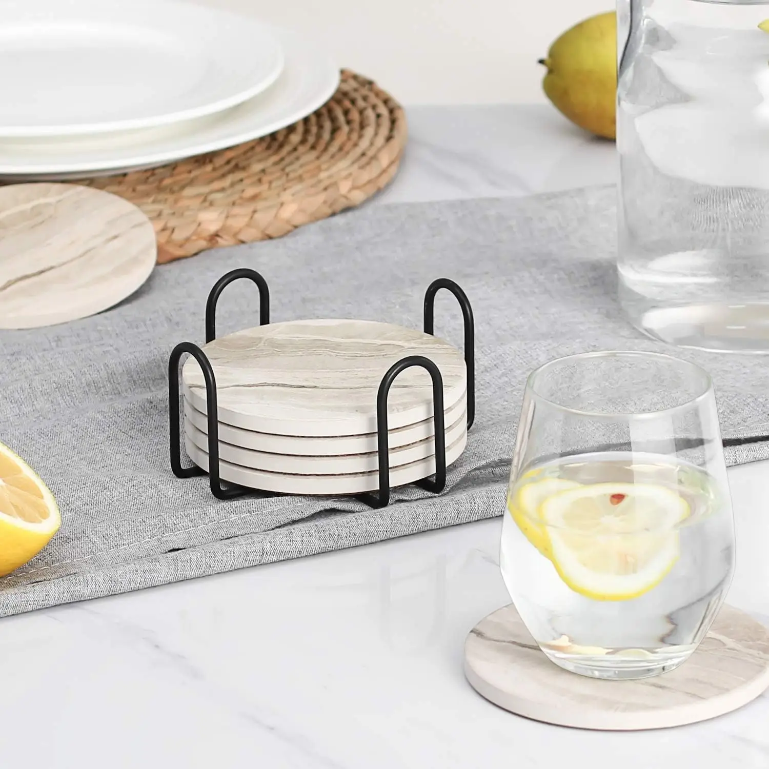Juego de 6 posavasos para bebidas con soporte, estilo mármol, posavasos de cerámica para protección de escritorio