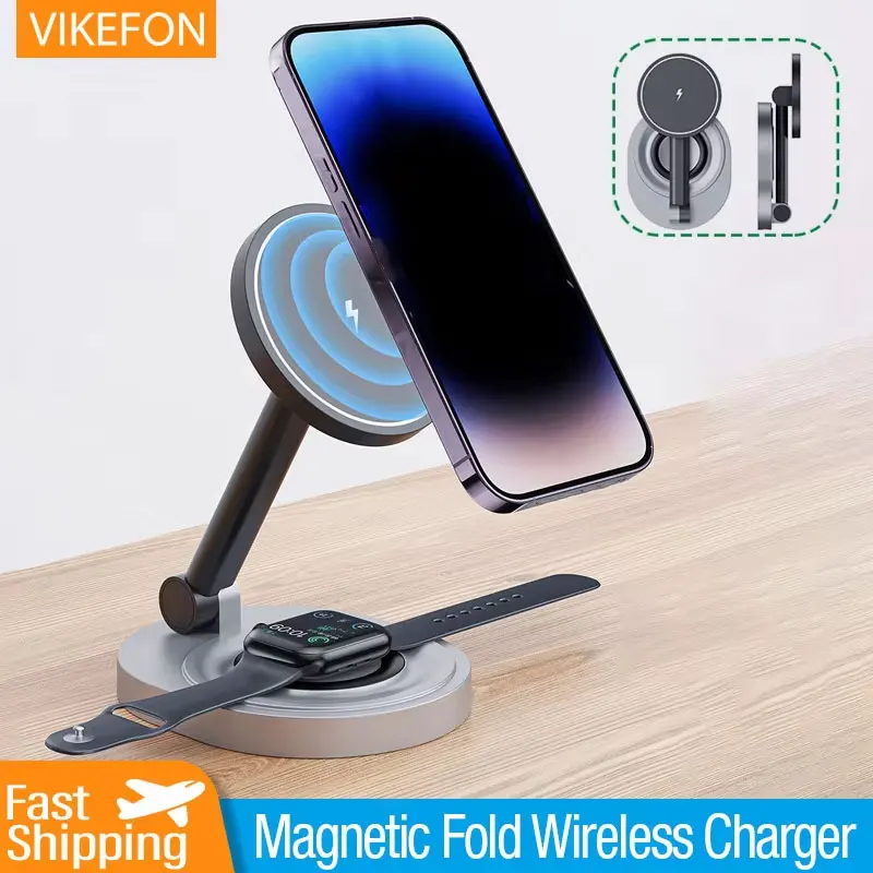Soporte magnético 2 en 1 para cargador inalámbrico, estación de carga rápida para iPhone 15, 14, 13, 12 Pro Max, Apple Watch 8, 7, 6, Airpods