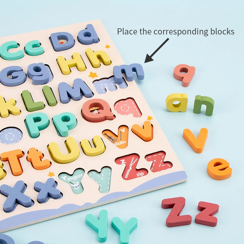 Rompecabezas educativo de madera Abc, estuche superior y letras más inferiores para regalos de cumpleaños, juego familiar para niños y niñas, niños en edad preescolar