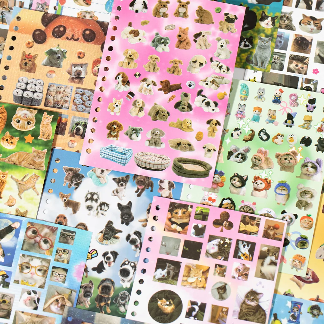 Libro de Pegatinas con Diseño de Gatos y Perros, 30 Piezas, Material para Manualidades, Scrapbooking, Papelería Estética