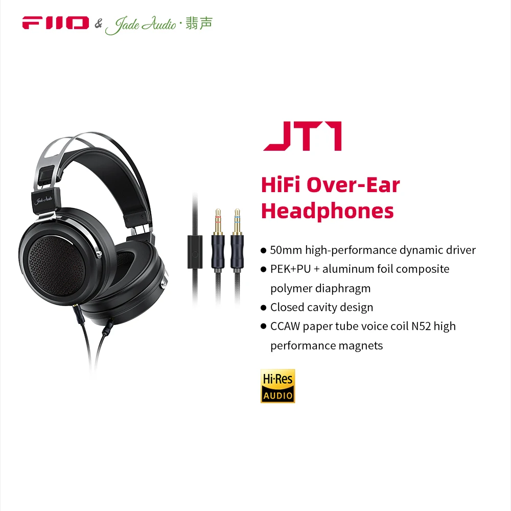 FiiO JT1 Auriculares de estudio de 3,5 mm para grabar juegos con micrófono, controlador de diafragmas de 50 mm, sonido HiFi