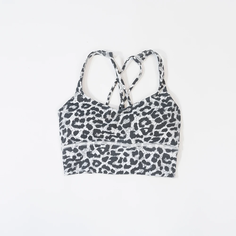 Sujetador deportivo con estampado de leopardo, chaleco de yoga europeo y americano, sujetador fijo con sensación desnuda, fitness que absorbe los golpes y parte de atrás bonita