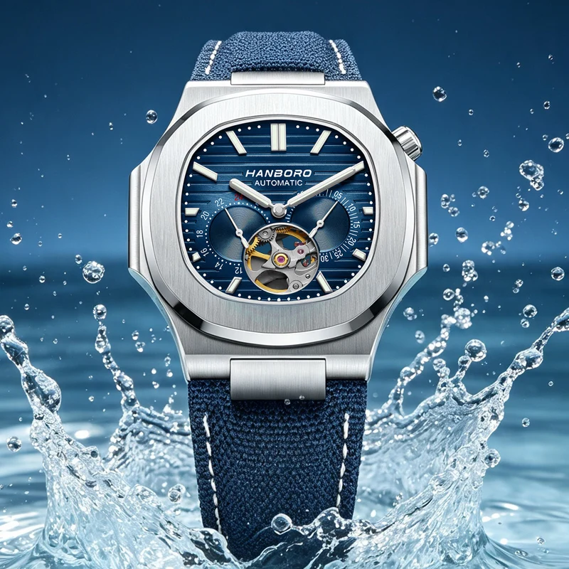 Reloj Mecánico HANBORO para Hombre, Diseño de Corona Creativa, Cuadrado, Color Oro Rosa, Correa de Lona, Movimiento Japonés Personalizado