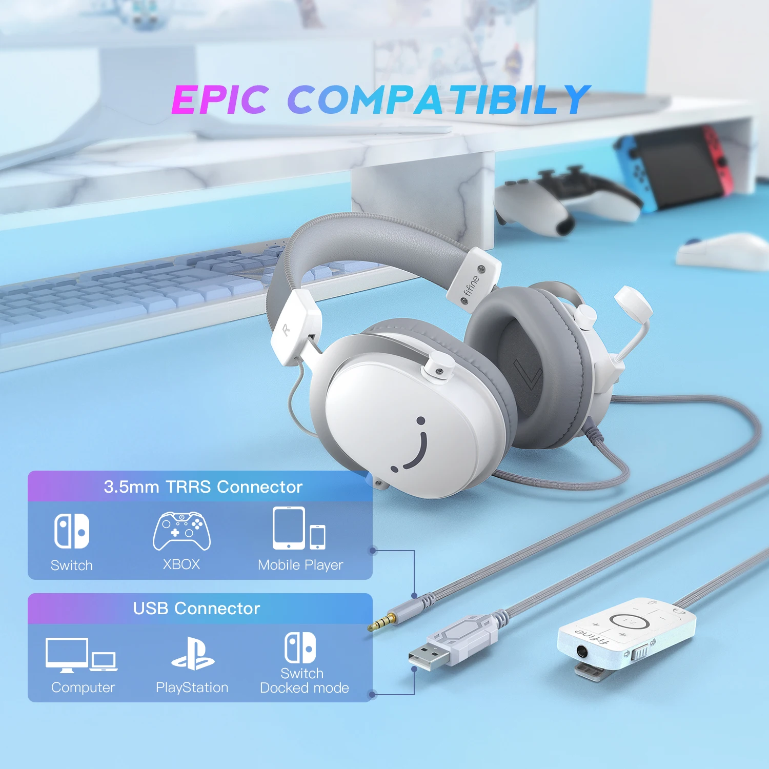 FIFINE-auriculares para juegos USB con sonido envolvente 7,1/conector de 3,5mm/micrófono, auriculares con cable sobre la oreja para PC PS4/5 Xbox Ampligame H9W