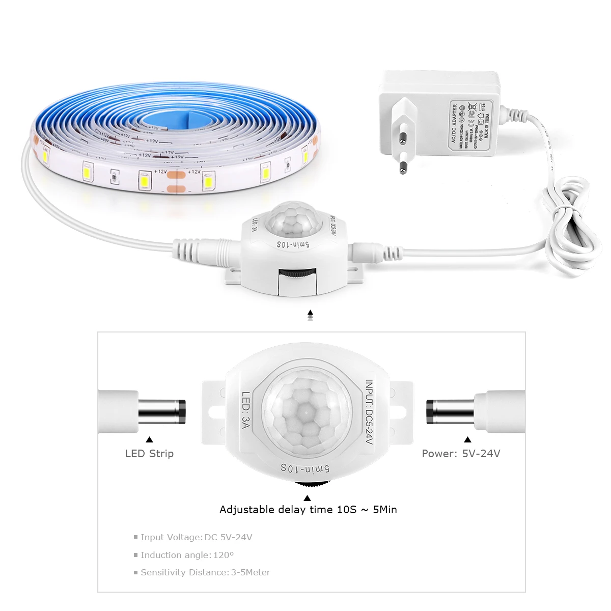 Tira de LED 2835 Impermeable con Adaptador de Corriente de 110V 220V a 12V para UE y EE. UU., Interruptor con Sensor de Movimiento PIR, Luz LED para Debajo del Gabinete