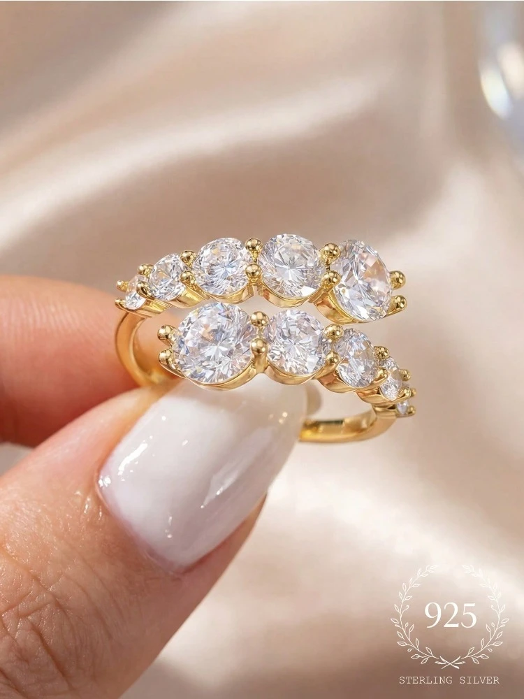 Anillo de circonita redondo ajustable personalizado de Plata de Ley 925 para mujer, joyería fina de alta calidad de lujo para aniversario
