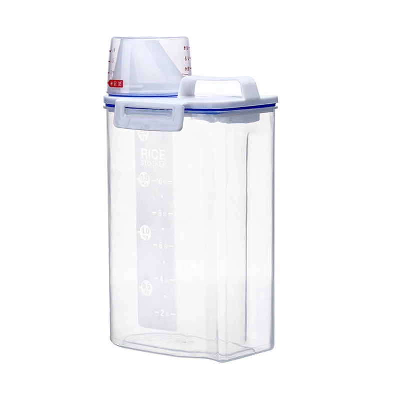 Contenedor de almacenamiento de alimentos para perros y gatos, cubo de plástico con taza medidora hermética a prueba de humedad, suministros para mascotas, tarro de cocina, 1,5 kg/2kg
