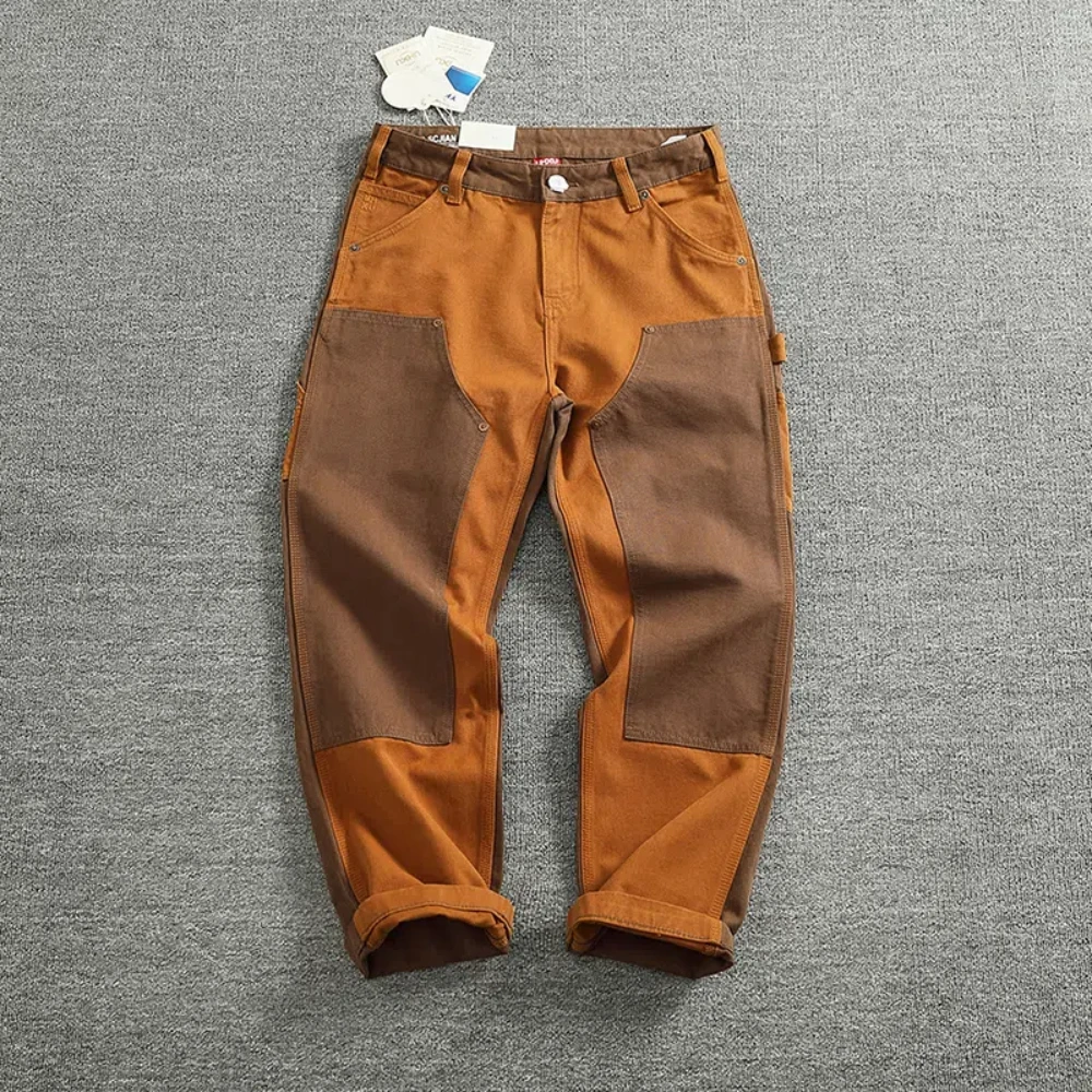 Otoño e Invierno pesado de gama alta vintage monos hombres grano de lona color patchwork registro motocicleta pantalones casuales marea