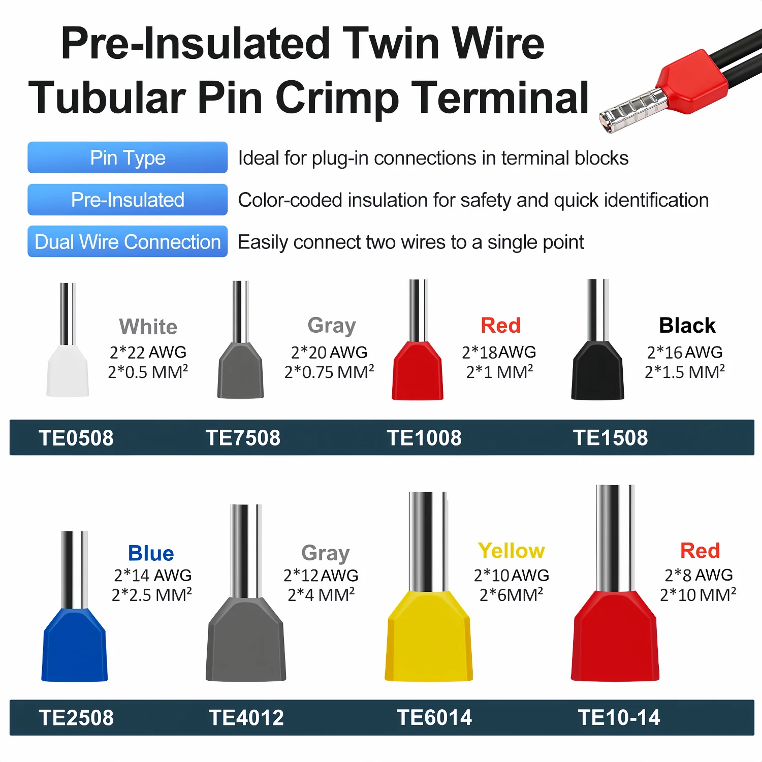 Juego de Herramientas para Crimpar Terminales, Conectores de Cable Aislados de 0.5-10mm², Fundas para Cables Dobles para Cableado de Paneles Eléctricos