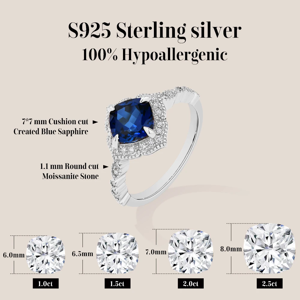 ATTAGEMS-Anillo clásico de zafiro azul, corte cojín, 2.0ct, DVVS1, Plata de Ley 925 auténtica para mujer, joyería fina de compromiso y boda